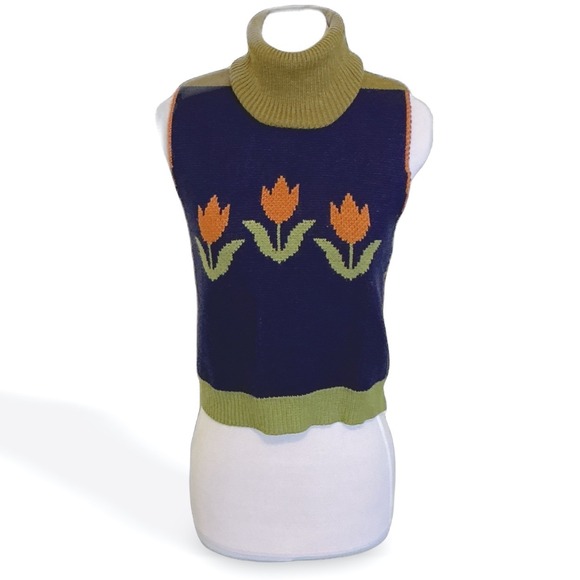 Cider Sweaters - Cider Womens Navy Blue Tulip Floral Knit Turtleneck Sweater Top Size Large